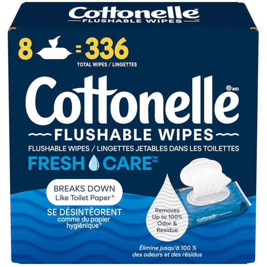Flushable Wet Wipes; Cottonelle FreshCare; Biodegradable & Septic Safe; 8 Flip-Top Packs of 42 (336 Wipes) - Available at All In One Marketplace Canada