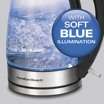 Hamiton Beach 40864C Glass Electric Kettle, 1.7 Liter Capacity, Automatic Shutoff, Cord-Free Design, Stainless Steel