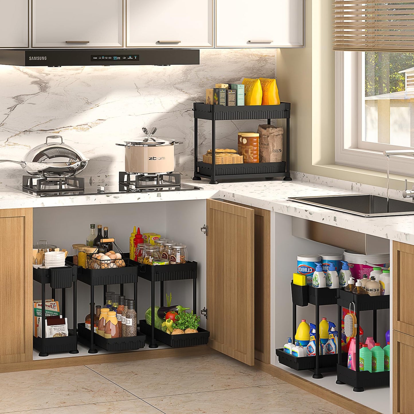 Sevenblue 4 Pack Under Sink Organizer and Storage,Bathroom Organizers, Multi-Use Under Sink Organizer for Bathroom and Kitchen with Sliding Drawer, Hang Hooks and Cup (Black, L)