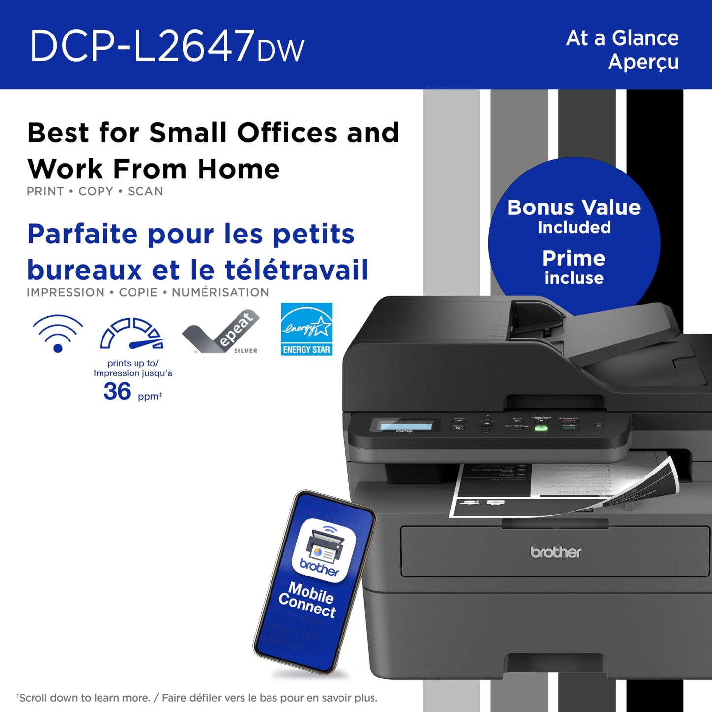 Brother DCP-L2647DW Compact Wireless Monochrome Laser Printer with Scanner, 250-Sheet PaperTray