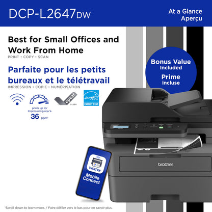 Brother DCP-L2647DW Compact Wireless Monochrome Laser Printer with Scanner, 250-Sheet PaperTray