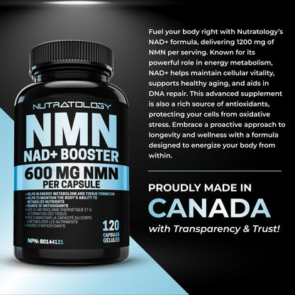 Nutratology® NMN Supplement - 1200 mg Per Serving - NAD+ Booster - Made In Canada - Premium 99% Purity - Protects Cellular Health & Supports Healthy Aging - 120 Capsules