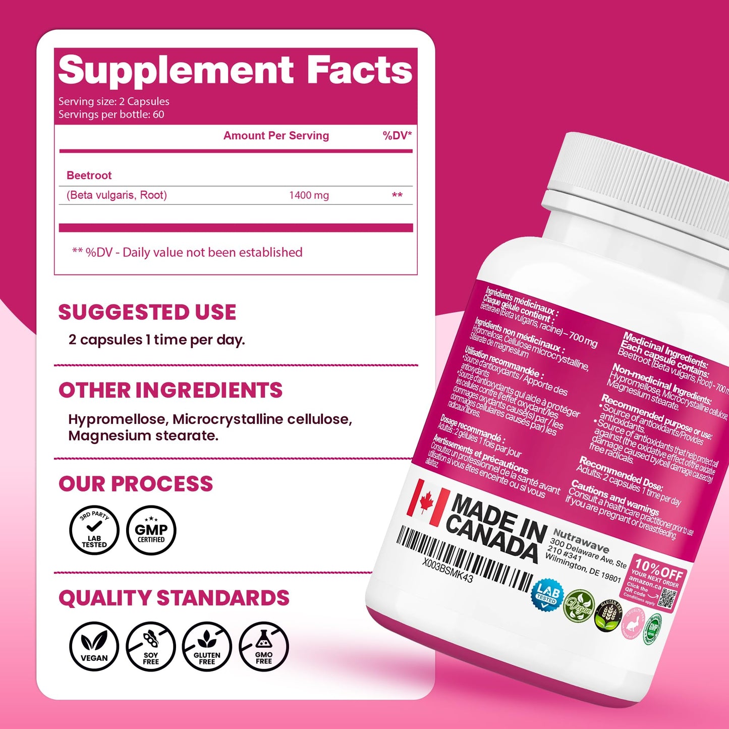 Nutrawave Organic Beetroot Capsules 1400mg – High Potency Nitric Oxide Booster for Energy, Heart & Brain Health – 120 Vegan, Non-GMO Beta Vulgaris Supplements – Raw Beet Root Powder with Vitamins & Antioxidants - Available at All In One Marketplace Canada
