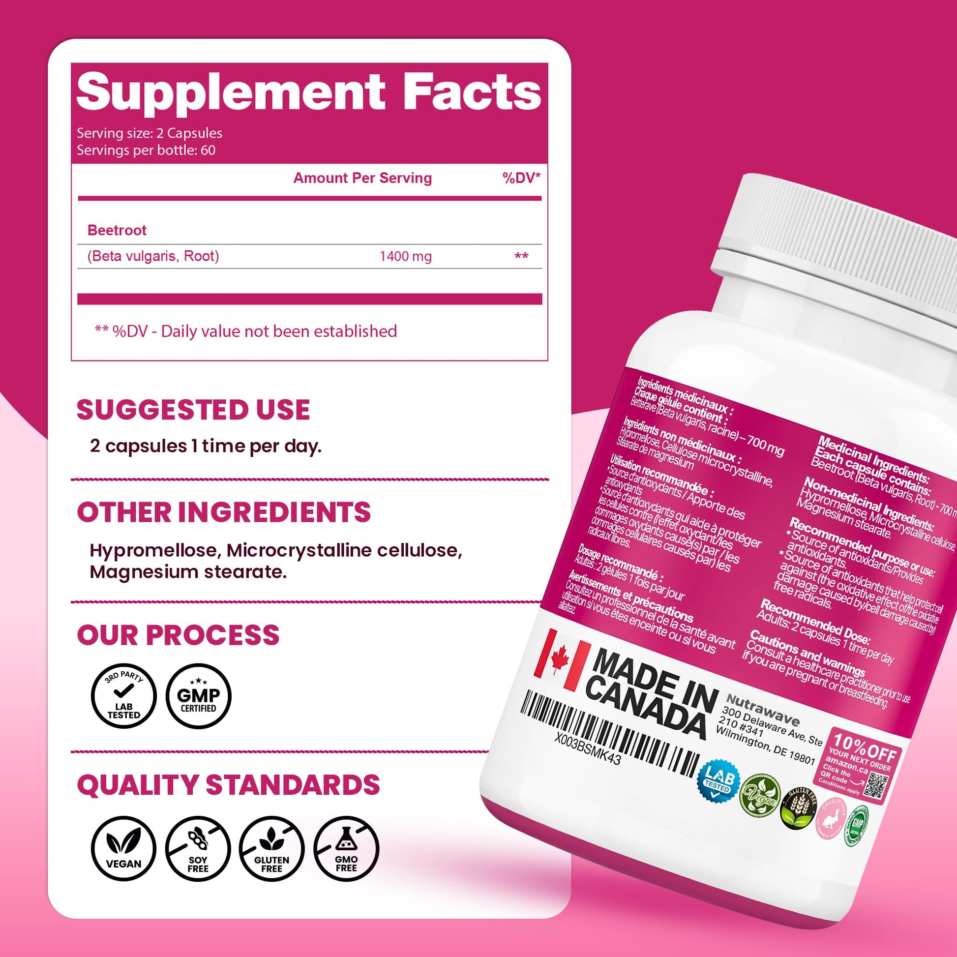 Nutrawave Organic Beetroot Capsules 1400mg – High Potency Nitric Oxide Booster for Energy, Heart & Brain Health – 120 Vegan, Non-GMO Beta Vulgaris Supplements – Raw Beet Root Powder with Vitamins & Antioxidants - Available at All In One Marketplace Canada