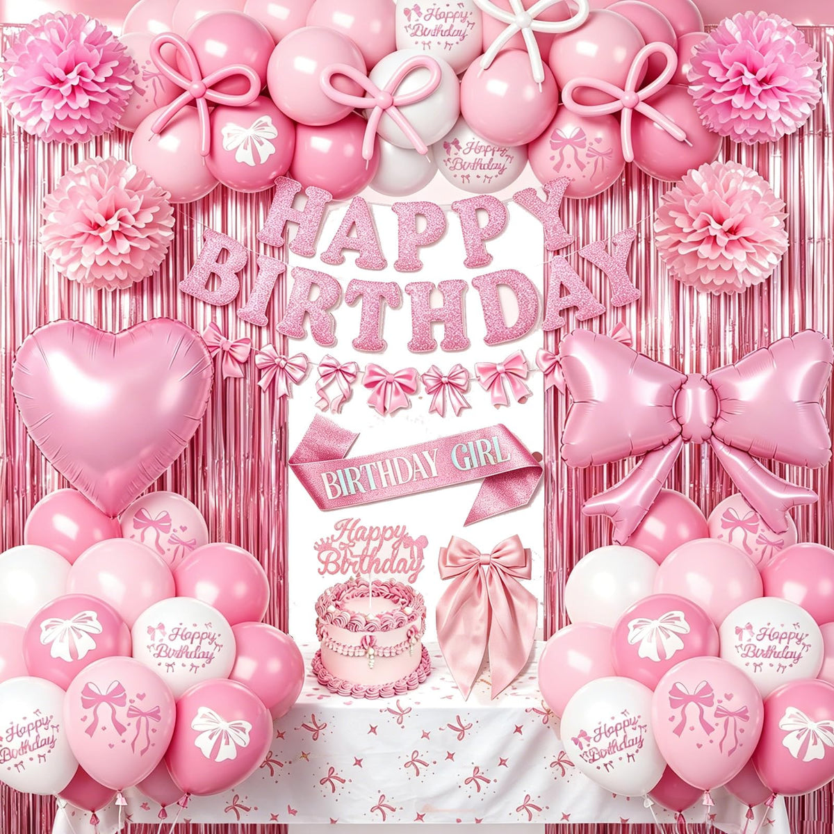 Pink Bow Birthday Decorations, Coquette Party Supplies with Balloons, Fringe Curtain, Birthday Sash, Pink Hair Bow, Tablecloth, Banner, Paper Pompoms, Cake Topper for Women Girls Bday Party Decor 🍁 All In One Marketplace Canada
