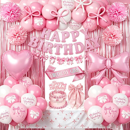 Pink Bow Birthday Decorations, Coquette Party Supplies with Balloons, Fringe Curtain, Birthday Sash, Pink Hair Bow, Tablecloth, Banner, Paper Pompoms, Cake Topper for Women Girls Bday Party Decor 🍁 All In One Marketplace Canada