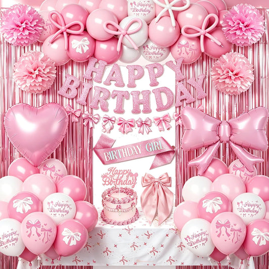 Pink Bow Birthday Decorations, Coquette Party Supplies with Balloons, Fringe Curtain, Birthday Sash, Pink Hair Bow, Tablecloth, Banner, Paper Pompoms, Cake Topper for Women Girls Bday Party Decor 🍁 All In One Marketplace Canada