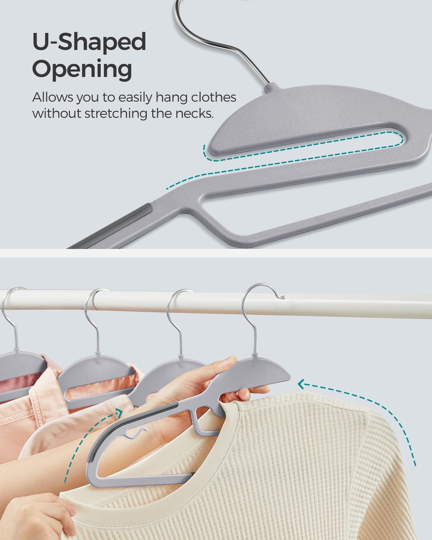 SONGMICS 50 Pack Coat Hangers, Heavy-Duty Plastic Suit Hangers, S-Shaped Opening, Non-Slip, Space-Saving, 360º Swivel Hook, 16.3 Inches Long, Light Gray and Dark Gray UCRP41G-50 SONGMICS