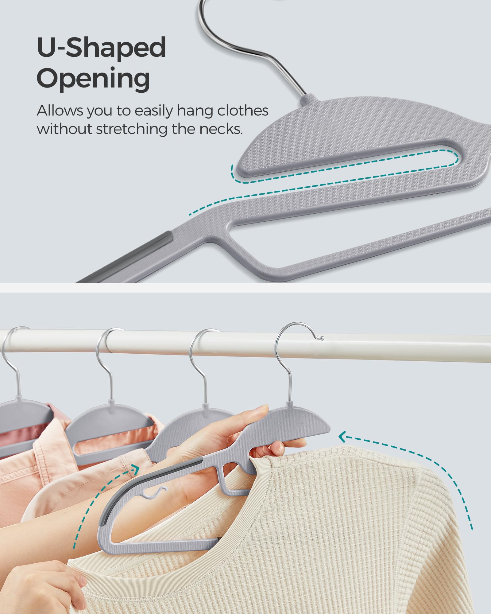 SONGMICS 50 Pack Coat Hangers, Heavy-Duty Plastic Suit Hangers, S-Shaped Opening, Non-Slip, Space-Saving, 360º Swivel Hook, 16.3 Inches Long, Light Gray and Dark Gray UCRP41G-50 SONGMICS