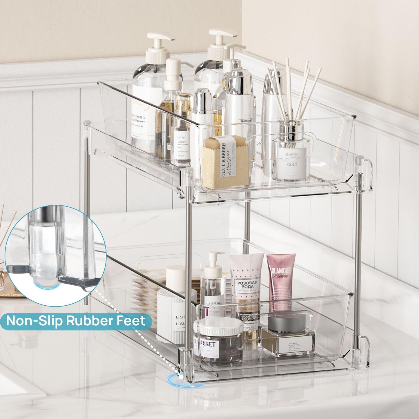 2 Tier Bathroom Organizer, Vtopmart 2 Pack Clear Under Sink Organizers Vanity Counter Storage Container, Medicine Cabinet Drawers Bins, Pull-Out Organization with Track for Pantry, Kitchen