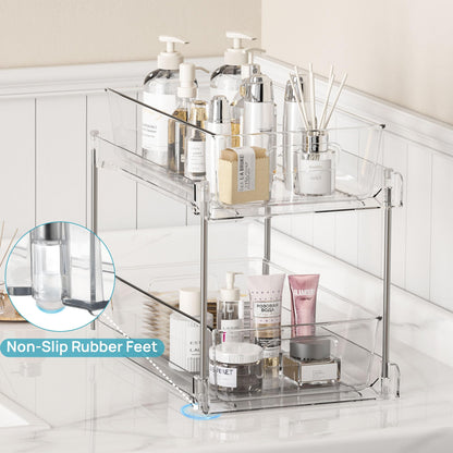 2 Tier Bathroom Organizer, Vtopmart 2 Pack Clear Under Sink Organizers Vanity Counter Storage Container, Medicine Cabinet Drawers Bins, Pull-Out Organization with Track for Pantry, Kitchen