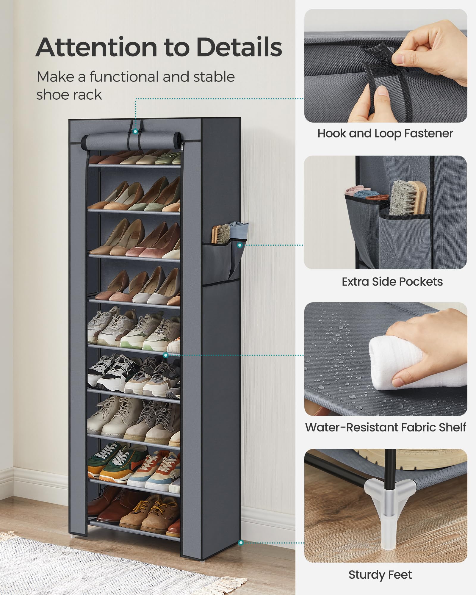 SONGMICS 10-Tier Shoe Rack, Shoe Storage Organizer Cabinet with Dustproof Cover, Free-Standing, for Closet, Entryway, Hold 27-35 Pairs, for Sneakers, High Heels, Gray URXJ10G01 SONGMICS