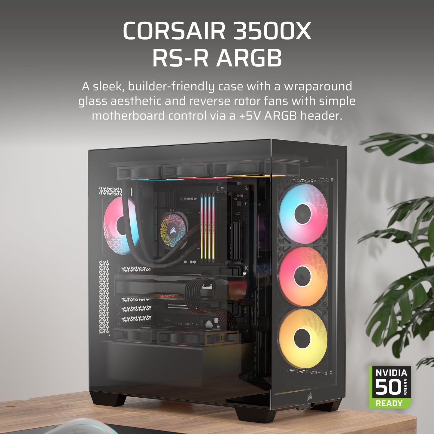 CORSAIR 3500X RS-R ARGB Mid-Tower PC Case – 3X Pre-Installed RS120-R ARGB Fans, GPU Anti-Sag Arm, Fits up to 10x 120mm Fans, Reverse Connection Motherboard Compatible – Black Corsair
