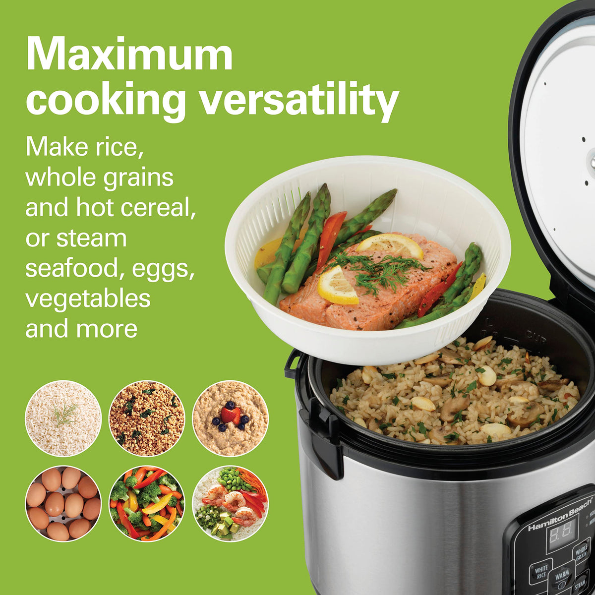 Hamilton Beach Digital Programmable Rice Cooker & Food Steamer, 8 Cups Cooked (4 Cups Uncooked), Stainless Steel, Steam & Rinse Basket, Model 37518MN