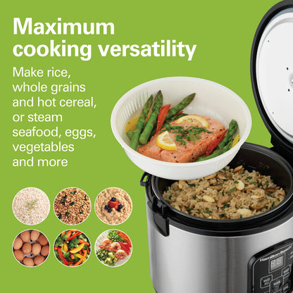 Hamilton Beach Digital Programmable Rice Cooker & Food Steamer, 8 Cups Cooked (4 Cups Uncooked), Stainless Steel, Steam & Rinse Basket, Model 37518MN