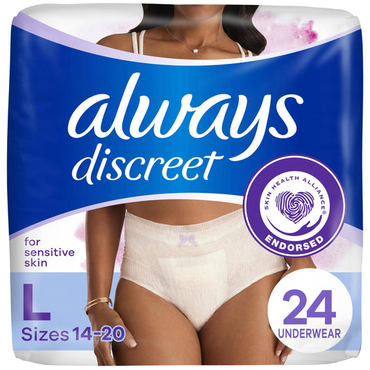Always Discreet Sensitive, Adult Diapers for Women, Maximum Incontinence Underwear, Size Large, 24 Count - Available at All In One Marketplace Canada