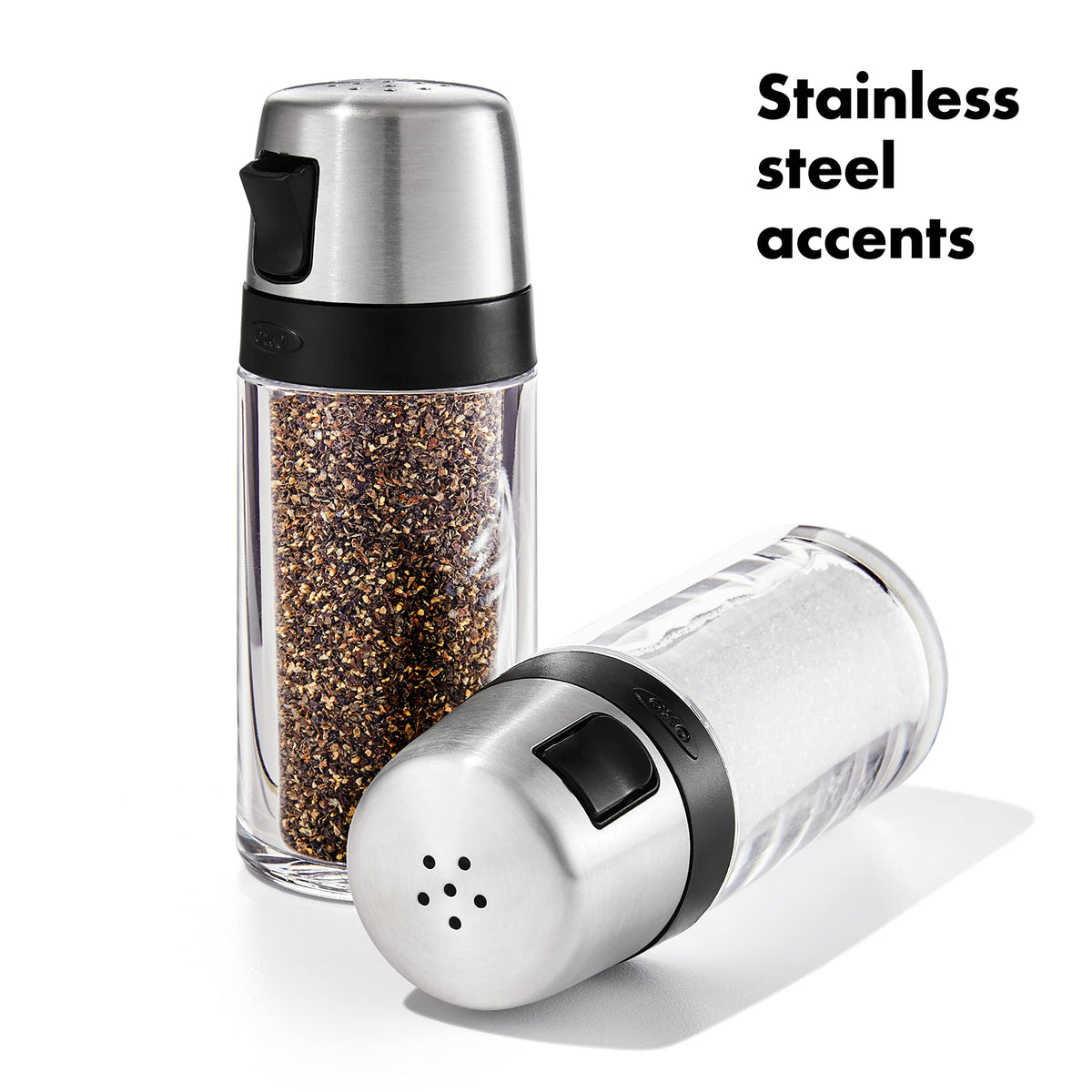 Oxo 1234780CL Salt and Pepper Shaker Set, Clear, Stainless Steel, 4.5-Inch