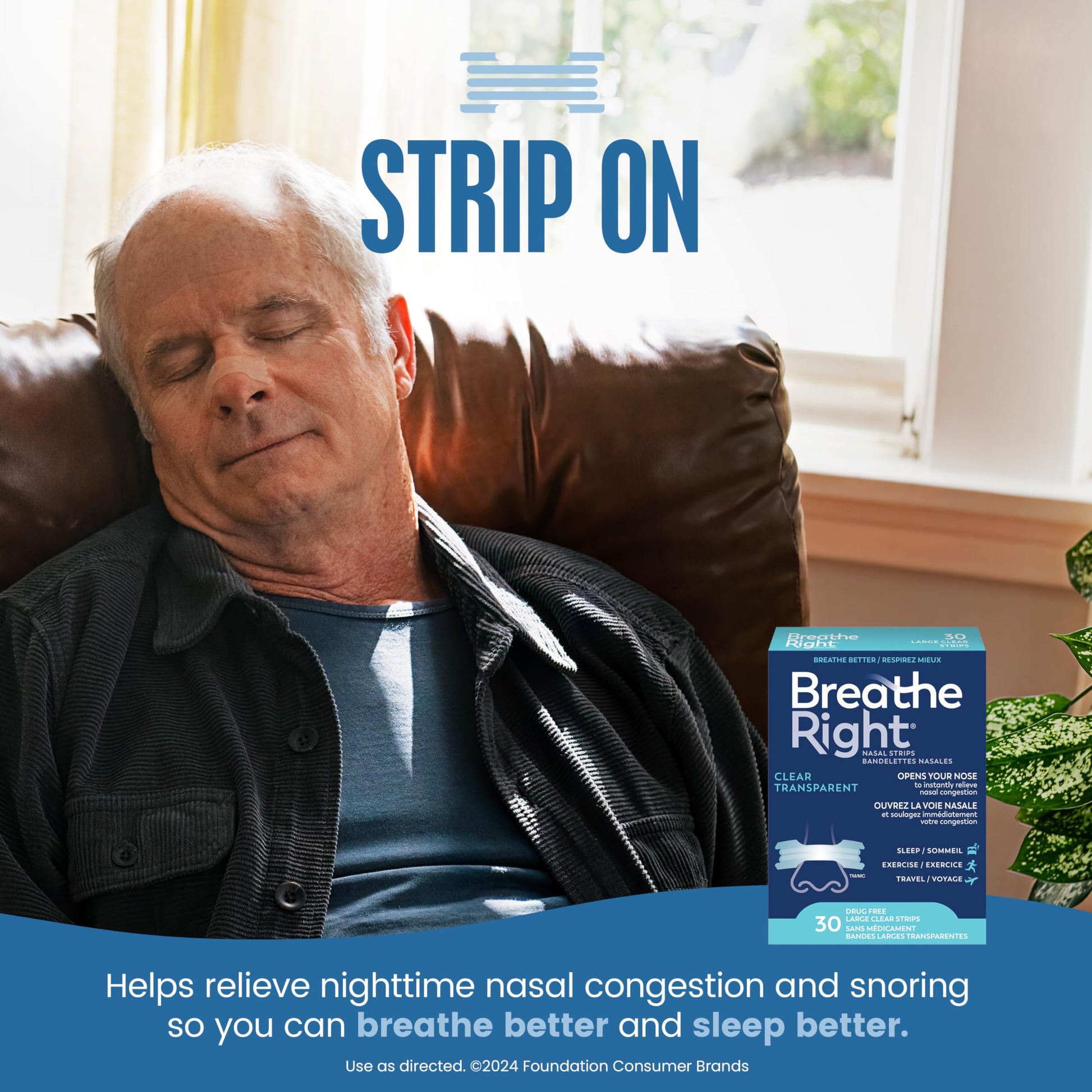 Breathe Right Nasal Strips, Original Large, Clear, Sensitive Skin, Drug-Free Snoring Solution & Nasal Congestion Relief Caused by Colds & Allergies, Nightly Sleep, 30 Count - Available at All In One Marketplace Canada