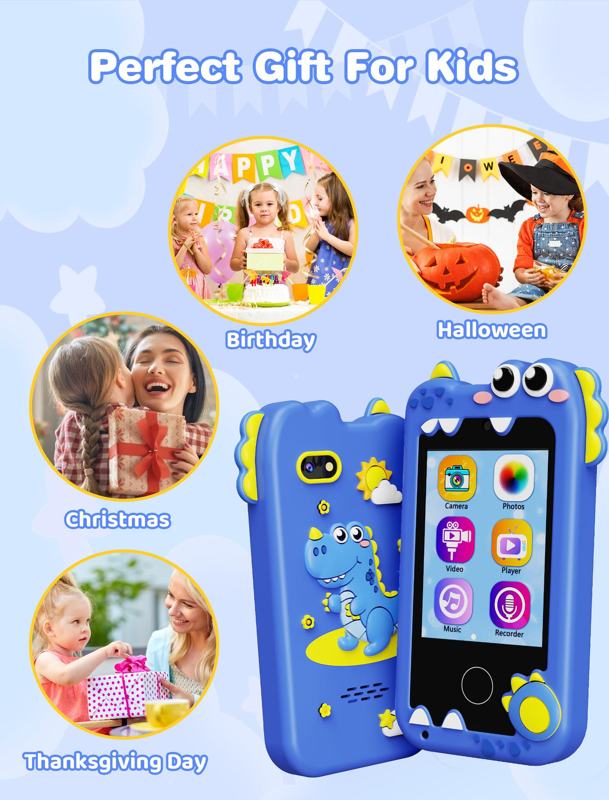 Kikidex Kids Phone for Girls, Toys for Boys Girls Age 3-8 Christmas Birthday Gifts, Touchscreen Kids Toy Cell Phone with Dual Camera, Puzzle Game, Music Player (Blue) 🍁 All In One Marketplace Canada