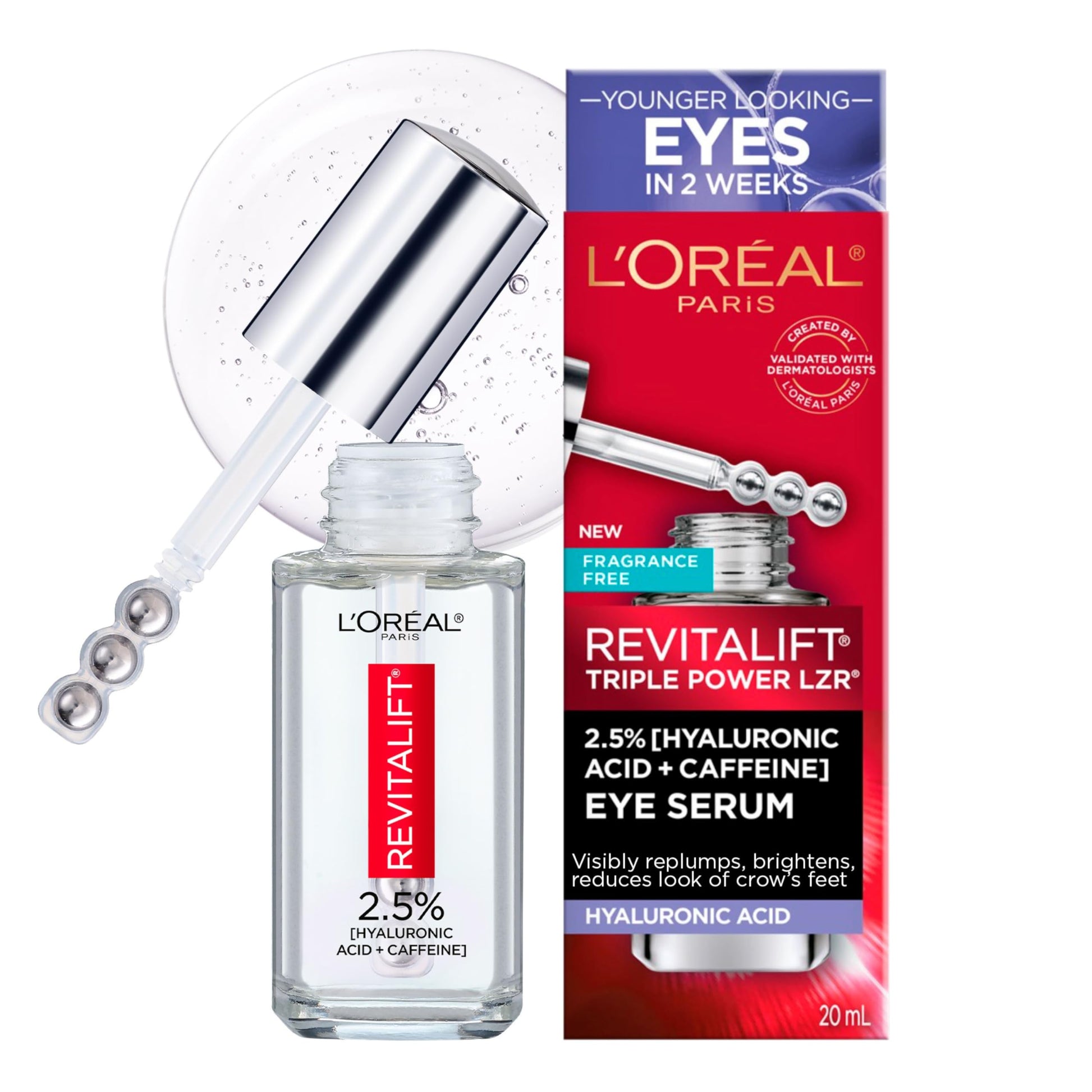 L’Oréal Paris 2.5% Hyaluronic Acid & Caffeine Plumping Eye Serum, Brightens Look of Dark Circles, Reduces Look of Crow's Feet & Wrinkles, Revitalift, For All Skin Tones & Types, Fragrance Free, 20ml L'Oreal Paris