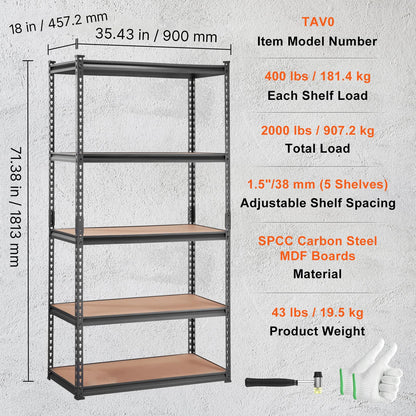 VEVOR Storage Shelving Unit, 5-Tier Adjustable, 2000 lbs Capacity, Heavy Duty Garage Shelves Metal Organizer Utility Rack, Black, 36" L x 18" W x 72" H for Kitchen Pantry Basement Bathroom Laundry 🍁 All In One Marketplace Canada