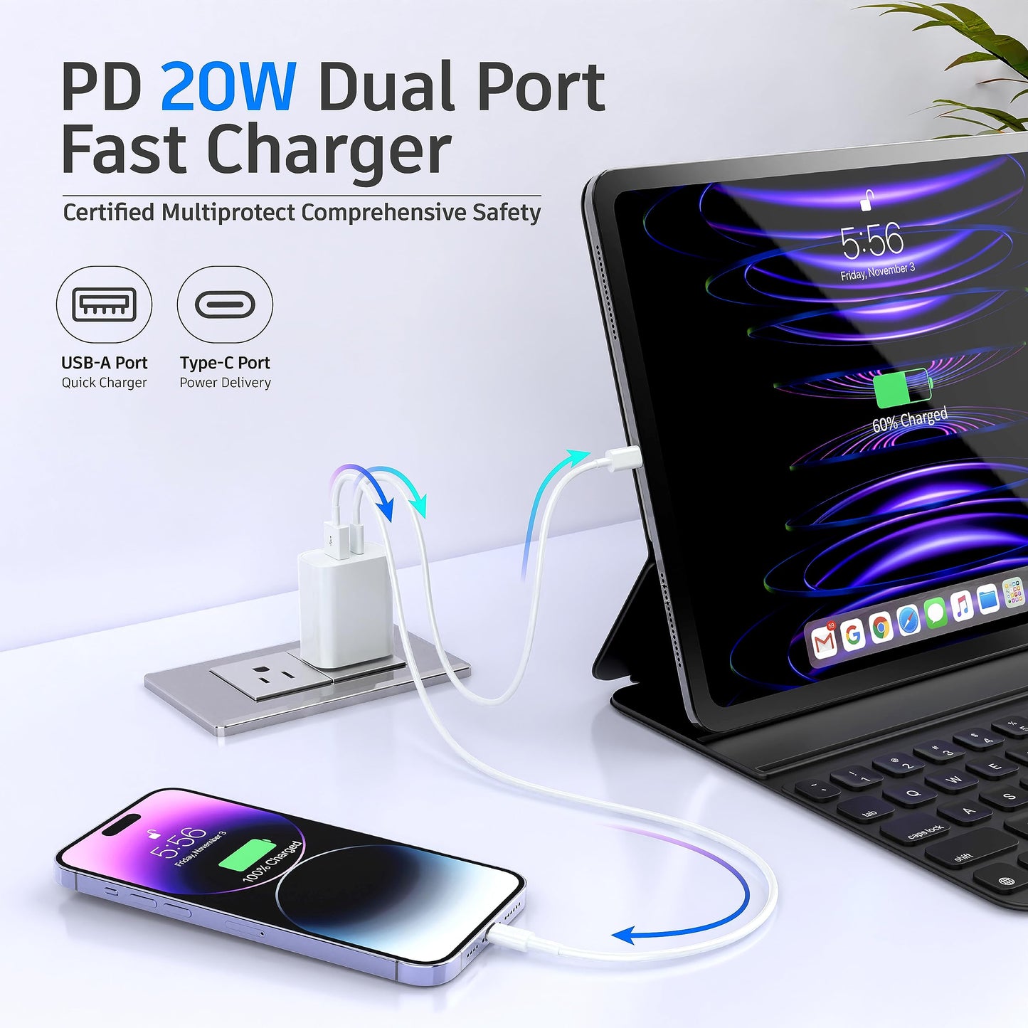 3-Pack USB C Block, 20W Dual Port PD+QC, USB C Charger Wall Adapter, Fast Type C Charging Plug Compatible with iPhone 17,16,15,14,13,12,11, Pro Max, X, XS, Galaxy Phone
