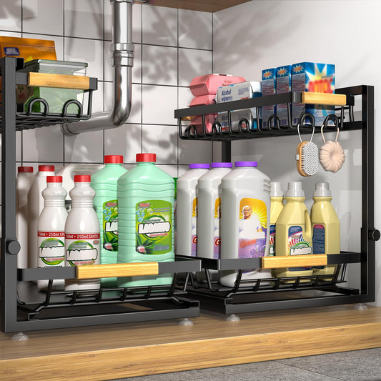 Sevenblue 2 Pack Under Sink Organizer, Height Adjustable 2 Tier Under Sink Organizer Kitchen, Multi-Purpose Storage Shelf for Kitchen Bathroom Cabinet (Black, Large) - Available at All In One Marketplace Canada