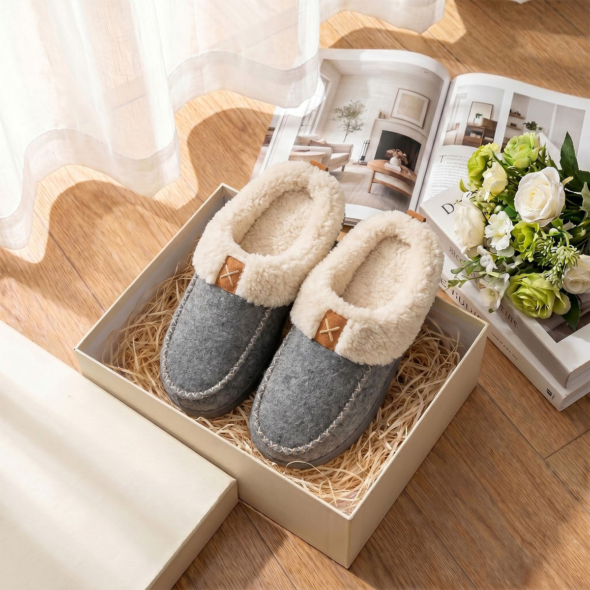 LongBay Women's Felt Sherpa Bedroom Moccasin Slippers (7-8, Gray) 🍁 All In One Marketplace Canada
