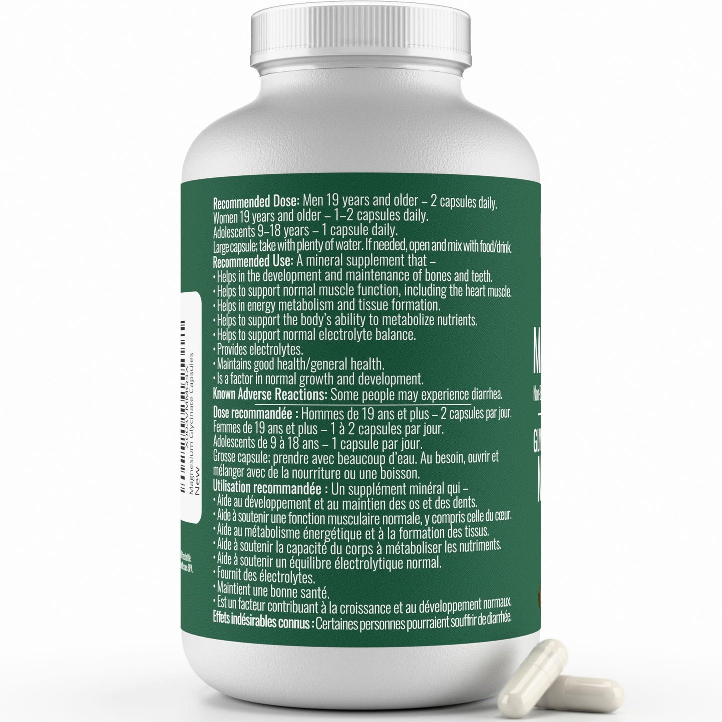 Magnesium Glycinate 200 mg Capsules (Elemental) from Non-Buffered Fully Chelated 100% Magnesium Bisglycinate - 300 Max-Capacity High-Absorption Capsules - Made in Canada - Nutritionn