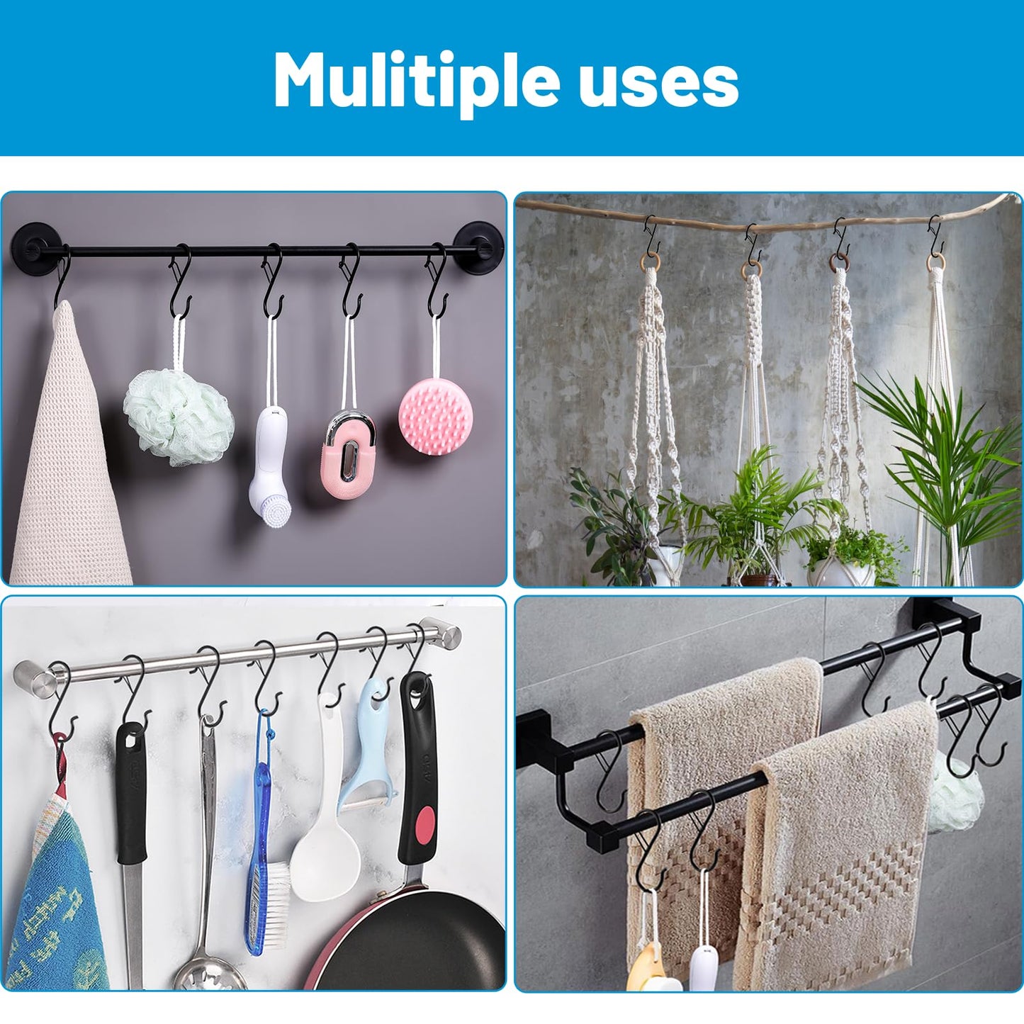 17 Pcs S Hooks for Hanging, Heavy Duty S Shaped Hooks Black, Kitchen Hooks, Closet Rod S Hanger Hooks for Plants, Pots, Towels and Bags, with Safety Buckle Design, 3.5 Inch - Available at All In One Marketplace Canada