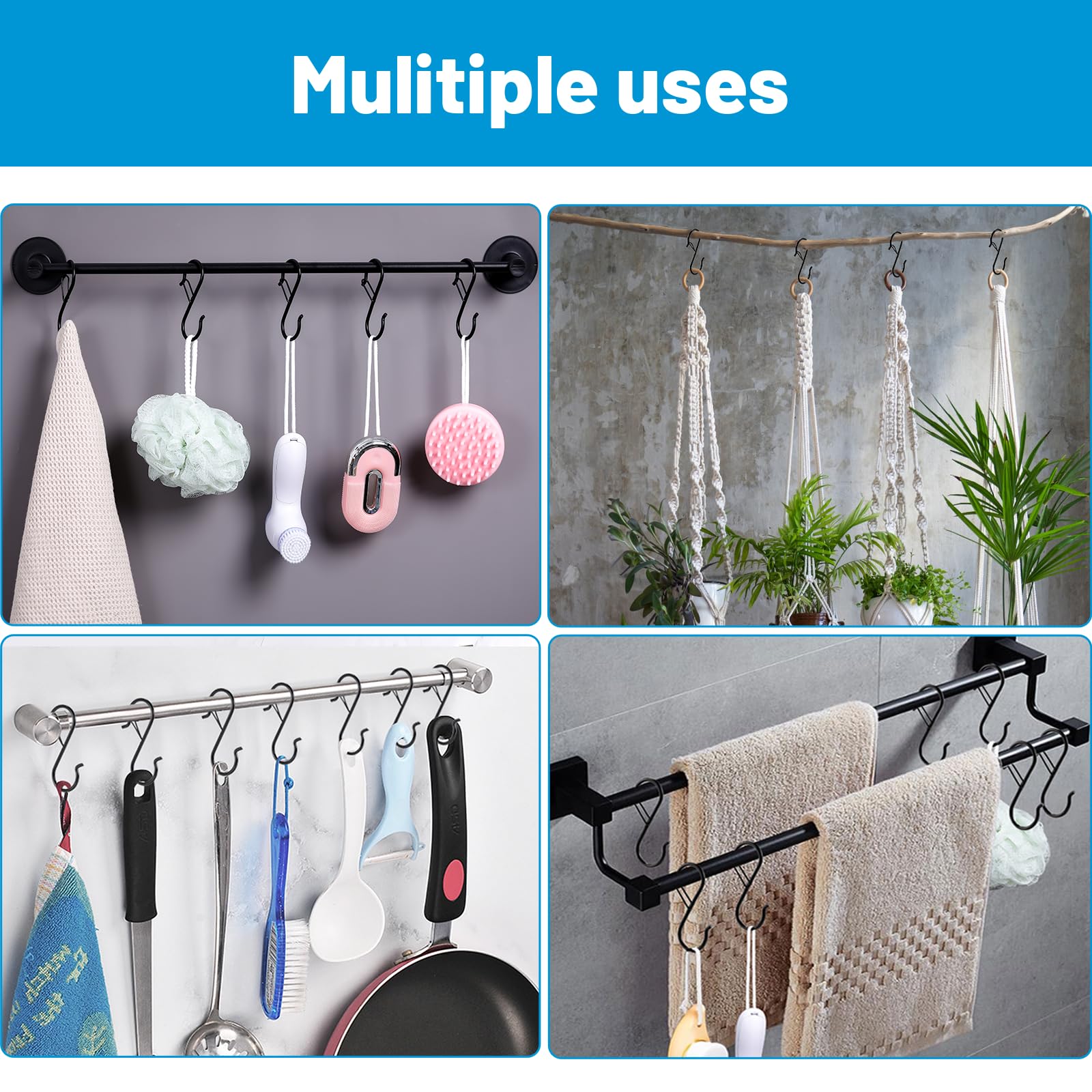 17 Pcs S Hooks for Hanging, Heavy Duty S Shaped Hooks Black, Kitchen Hooks, Closet Rod S Hanger Hooks for Plants, Pots, Towels and Bags, with Safety Buckle Design, 3.5 Inch - Available at All In One Marketplace Canada