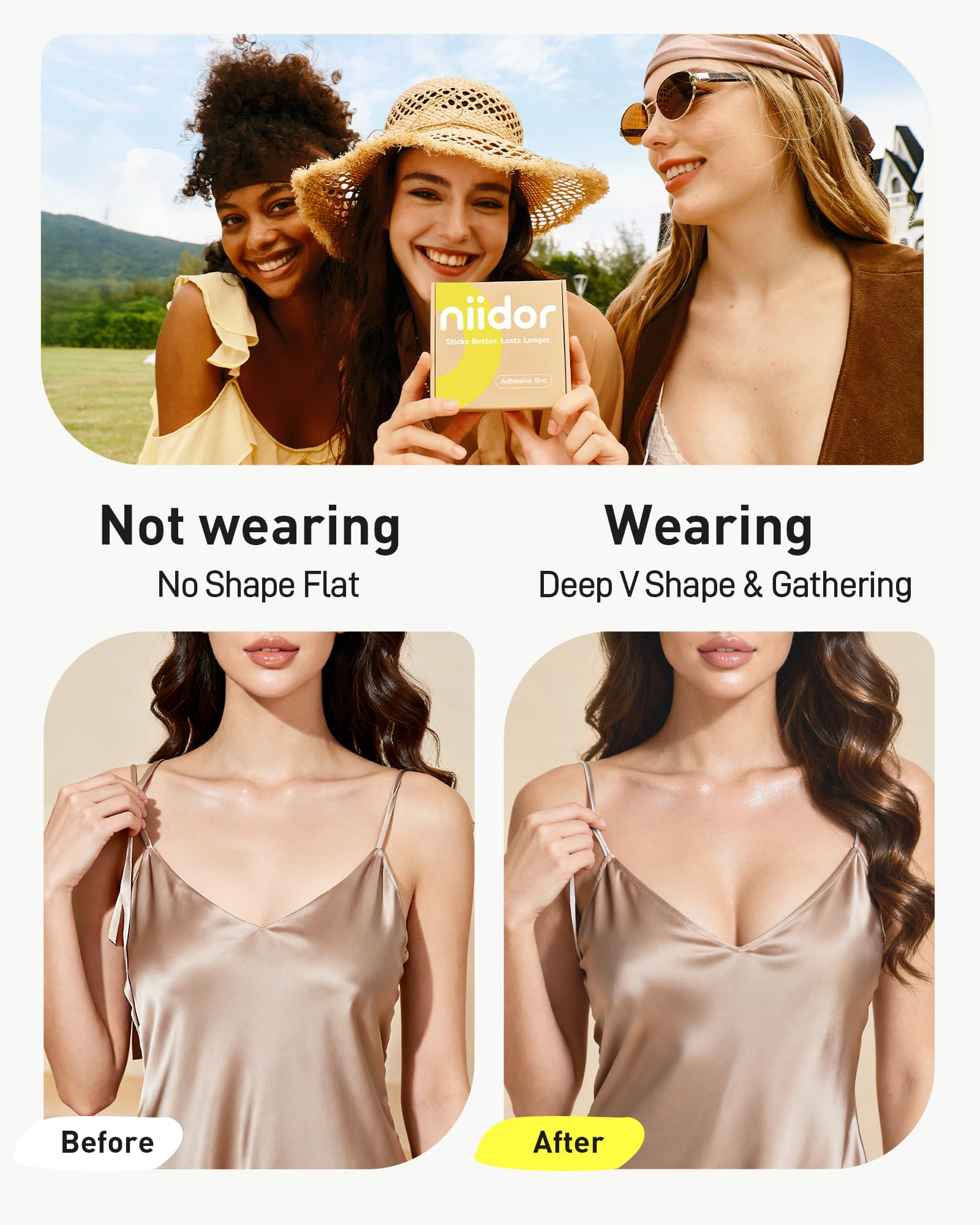 Niidor Adhesive Bra Sticky Strapless Backless Invisible Push up Silicone Bra for Women with Nipple Covers Creme A