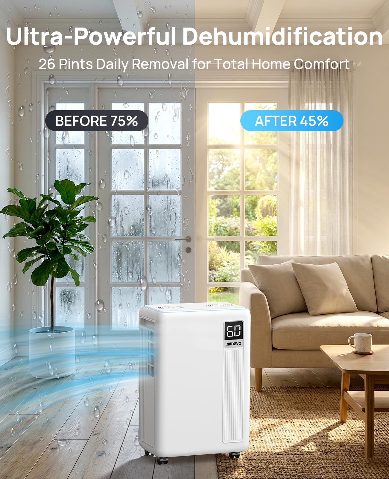 AIUSEVO 26 Pint Dehumidifiers for Basements & Home (Up to 2500 Sq.Ft), Ultra Quiet 40dB Bedroom Dehumidifier with 3 Modes, Continuous Drain & Auto Defrost to Reduce Moisture & Musty Odors - Available at All In One Marketplace Canada