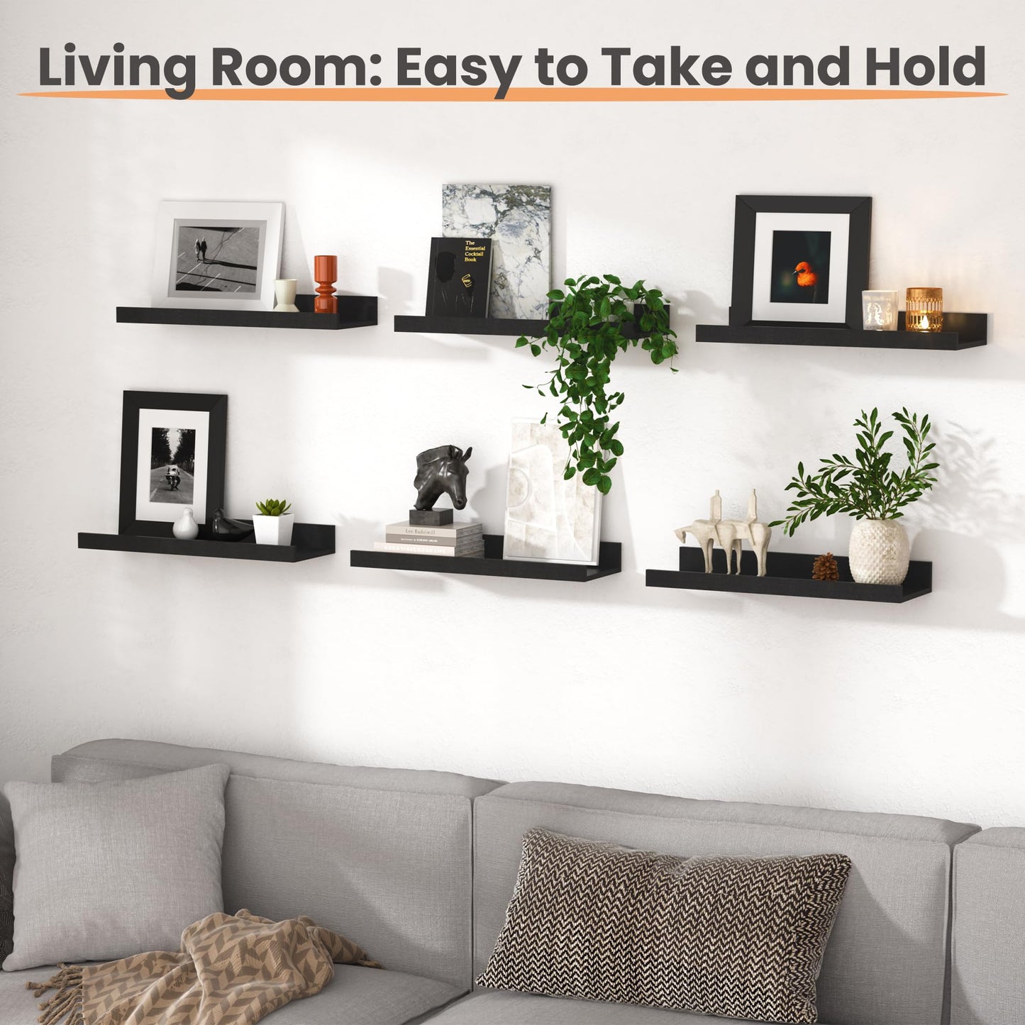 upsimples Floating Shelves for Wall, Decor Storage Set of 6, Wall Mounted Wood Shelves for Bedroom, Living Room, Bathroom, Kitchen, Picture Ledge Shelves, Black