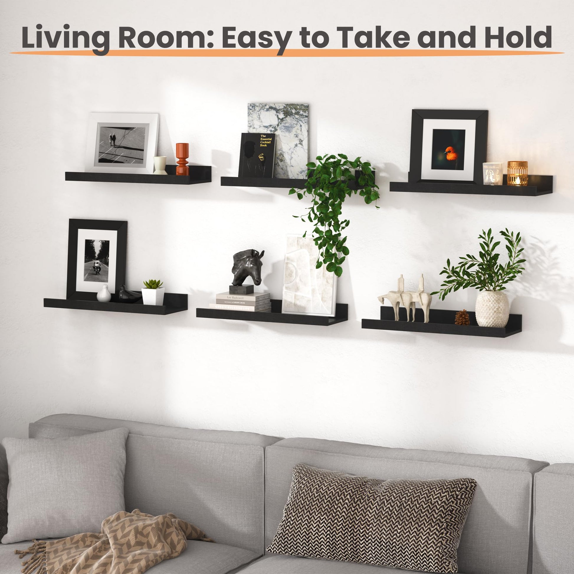 upsimples Floating Shelves for Wall, Decor Storage Set of 6, Wall Mounted Wood Shelves for Bedroom, Living Room, Bathroom, Kitchen, Picture Ledge Shelves, Black
