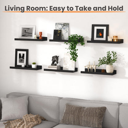upsimples Floating Shelves for Wall, Decor Storage Set of 6, Wall Mounted Wood Shelves for Bedroom, Living Room, Bathroom, Kitchen, Picture Ledge Shelves, Black