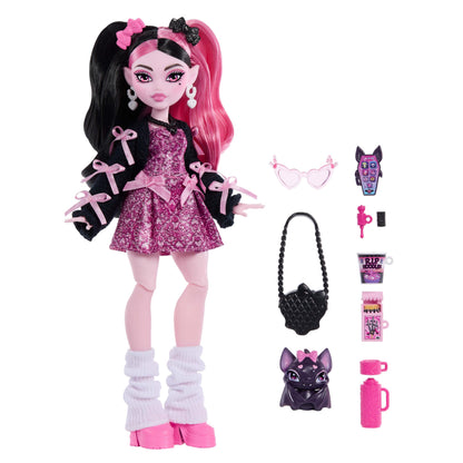 Monster High Doll, Draculaura in Pink Bow Dress and Black Cardigan with Pet Bat Count Fabulous and 7 Accessories Like Ramen, Lipstick and Purse 🍁 All In One Marketplace Canada