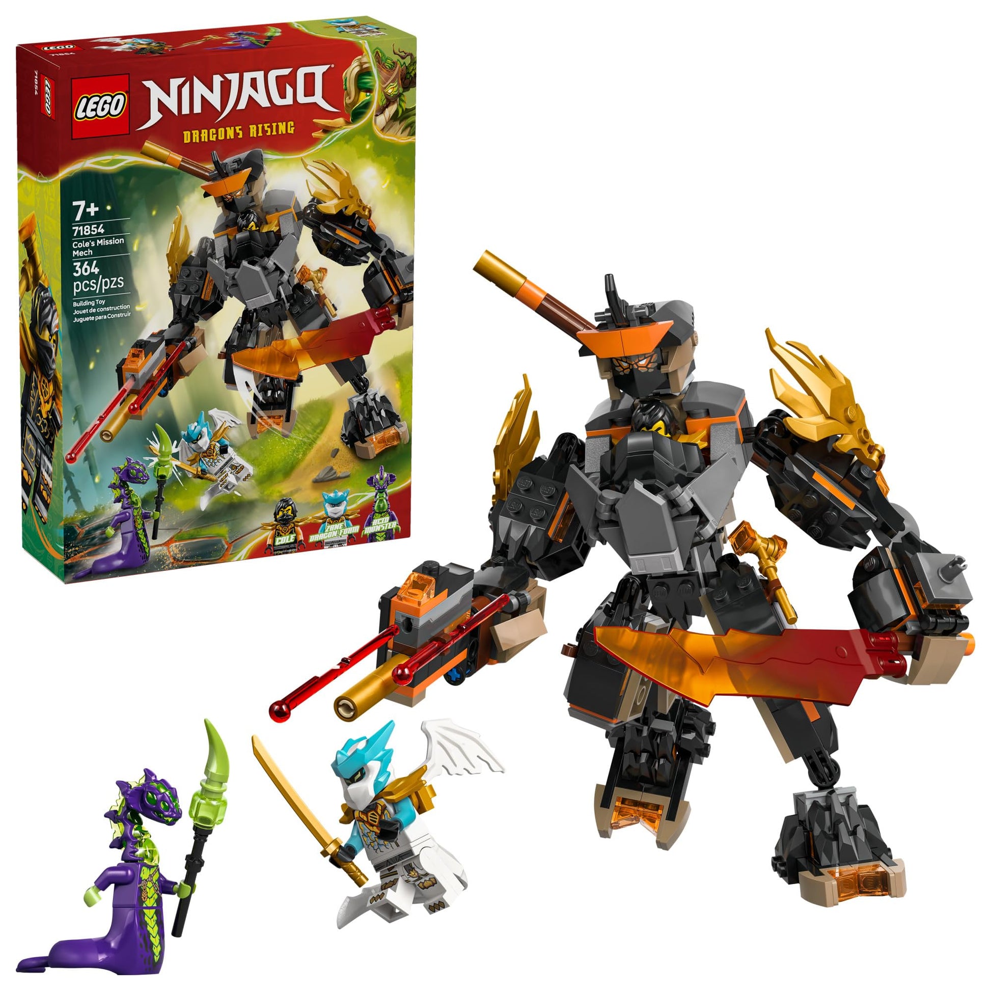 LEGO NINJAGO Cole’s Mission Mech & Dragon Zane Building Toy for Boys, Girls & Kids, Ages 7+ - Poseable Mech W/Cole, Acid Monster, & Zane Minifigures for Pretend Play - Gift Idea for Birthdays - 71854 LEGO