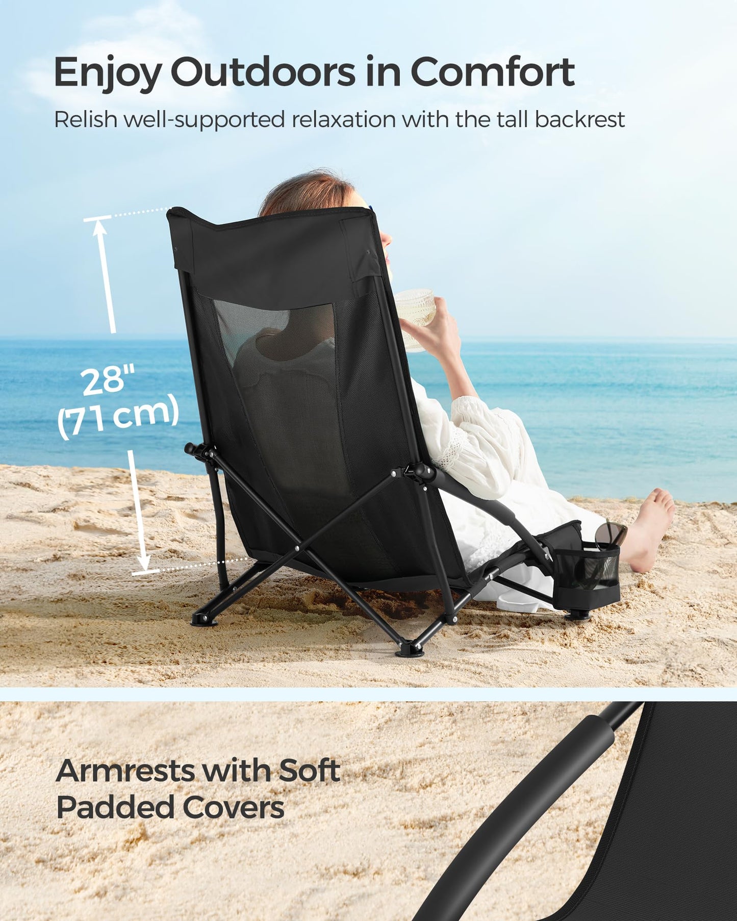 SONGMICS Set of 2 Portable Beach Chairs for Adults, Max. Load 330 lb Each, High Backrest, Cup Holder, Lightweight, Heavy-Duty, Black UGCB067B01V1 🍁 All In One Marketplace Canada SONGMICS
