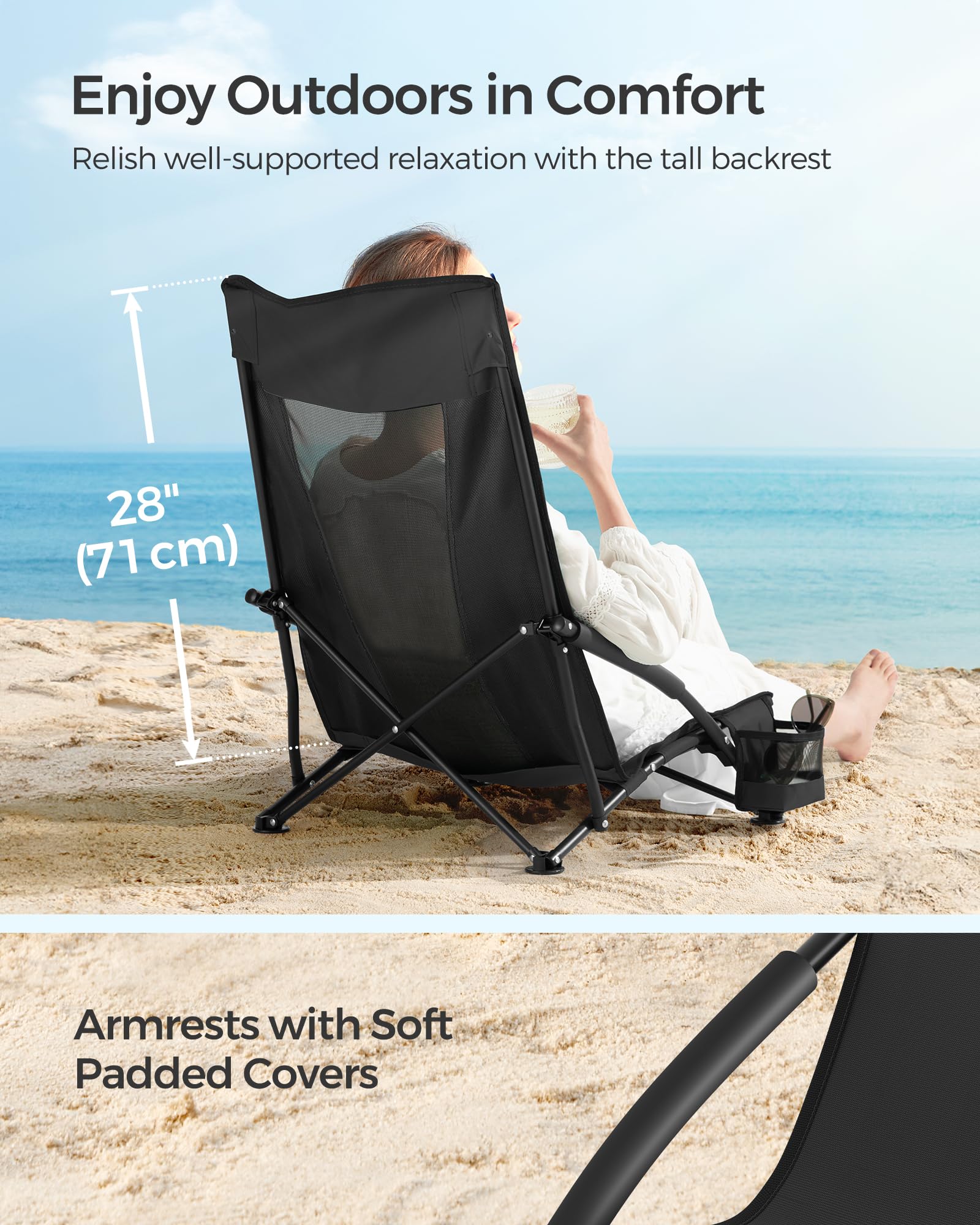 SONGMICS Set of 2 Portable Beach Chairs for Adults, Max. Load 330 lb Each, High Backrest, Cup Holder, Lightweight, Heavy-Duty, Black UGCB067B01V1 🍁 All In One Marketplace Canada SONGMICS