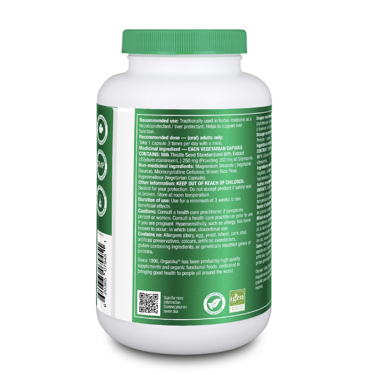 Organika Canadian-Made Milk Thistle 250 Mg Bonus Size 220 count- Liver Protectant From Silymarin Seed- 220vcaps - Available at All In One Marketplace Canada