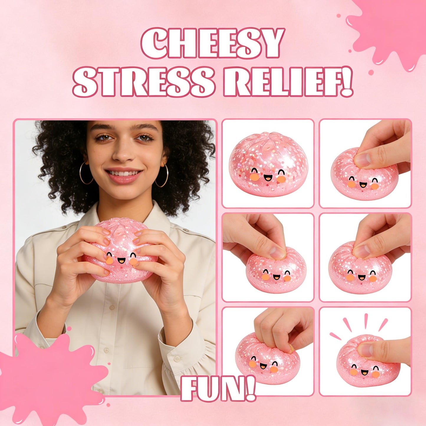 Giant Glitter Dumpling Squishy, Colorful Mystery Stress Dumplings, Cute Soft Calming Unbreakable Figurine Simulation Ball (Pink)