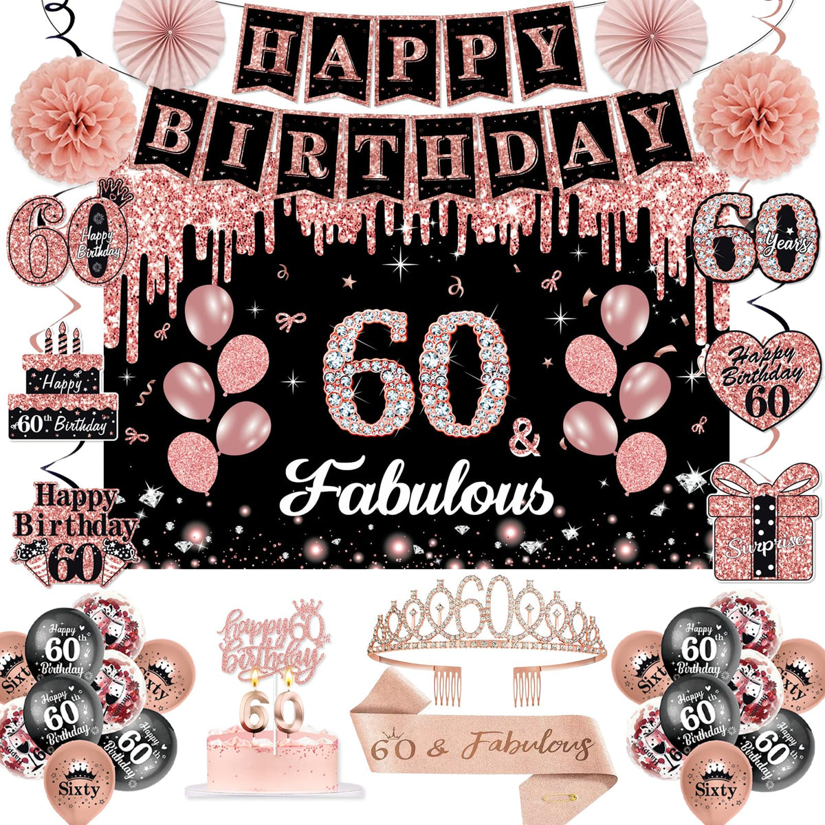 50Pcs 60th Birthday Decorations for Women,Rose Gold Black Pre-Assembled Set 🍁 All In One Marketplace Canada