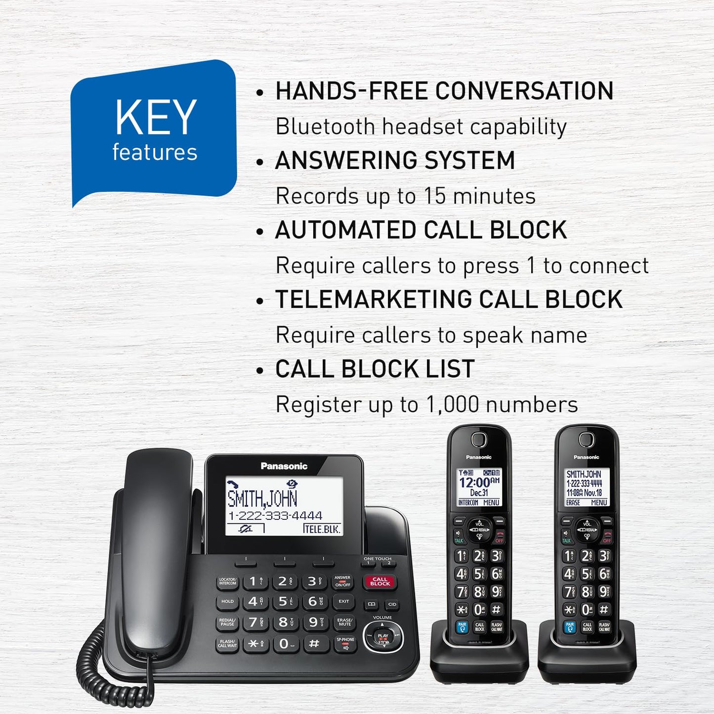 Panasonic Expandable Corded Phone System, Bluetooth Pairing for Wireless Headphones and Hearing Aids, Smart Call Block, Bilingual Talking Caller ID, 2 Handsets - KXTGF892B (Black) Panasonic