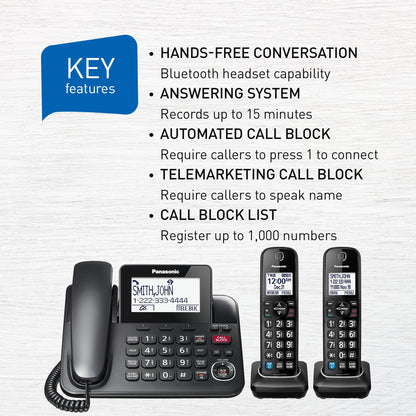 Panasonic Expandable Corded Phone System, Bluetooth Pairing for Wireless Headphones and Hearing Aids, Smart Call Block, Bilingual Talking Caller ID, 2 Handsets - KXTGF892B (Black) Panasonic