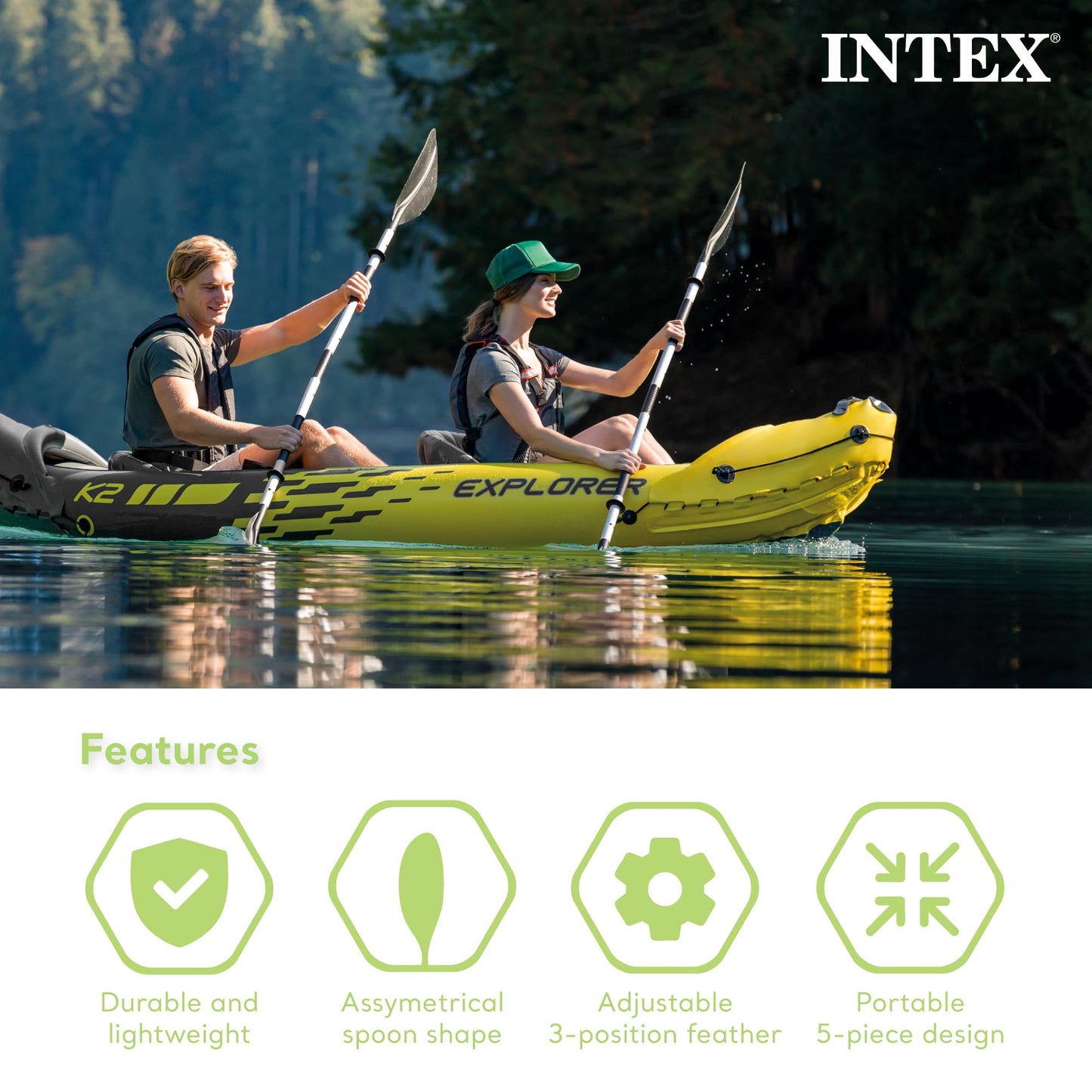 INTEX 69629E 86" Kayak Paddle: Ribbed Spoon Shaped Blades – Durable Lightweight Aluminum Shaft – Comfortable Grips – 3-Position Feather Adjustability – TUV RL Approved