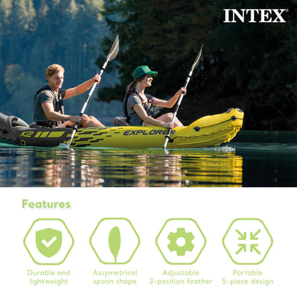 INTEX 69629E 86" Kayak Paddle: Ribbed Spoon Shaped Blades – Durable Lightweight Aluminum Shaft – Comfortable Grips – 3-Position Feather Adjustability – TUV RL Approved