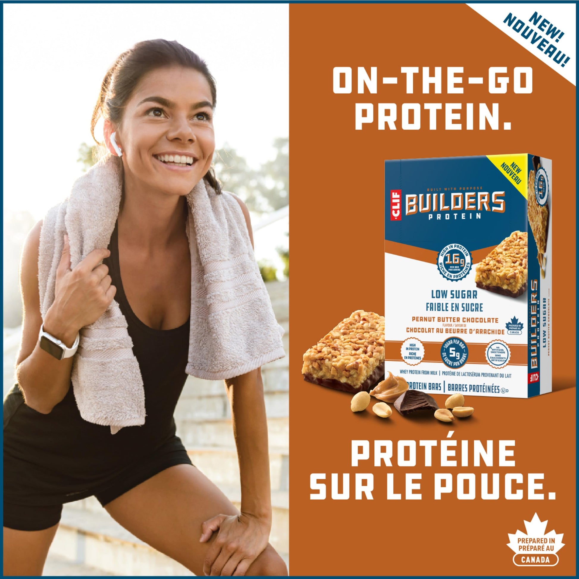 CLIF BUILDERS Low Sugar Protein Bars - Peanut Butter Chocolate, 12-Pack (56g each)