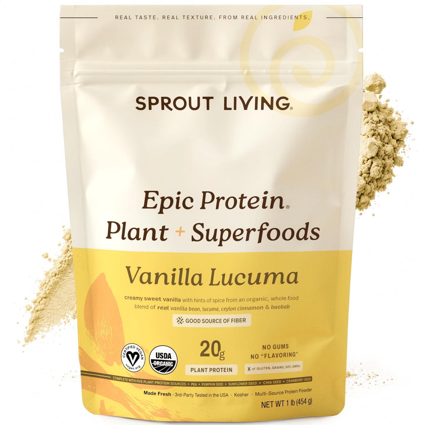 Sprout Living Epic Protein Powder, Vanilla Lucuma Flavor, Organic Plant Protein, Gluten Free, No Additives, 19 Grams Clean Vegan Protein (1 pound,13 servings) Sprout Living