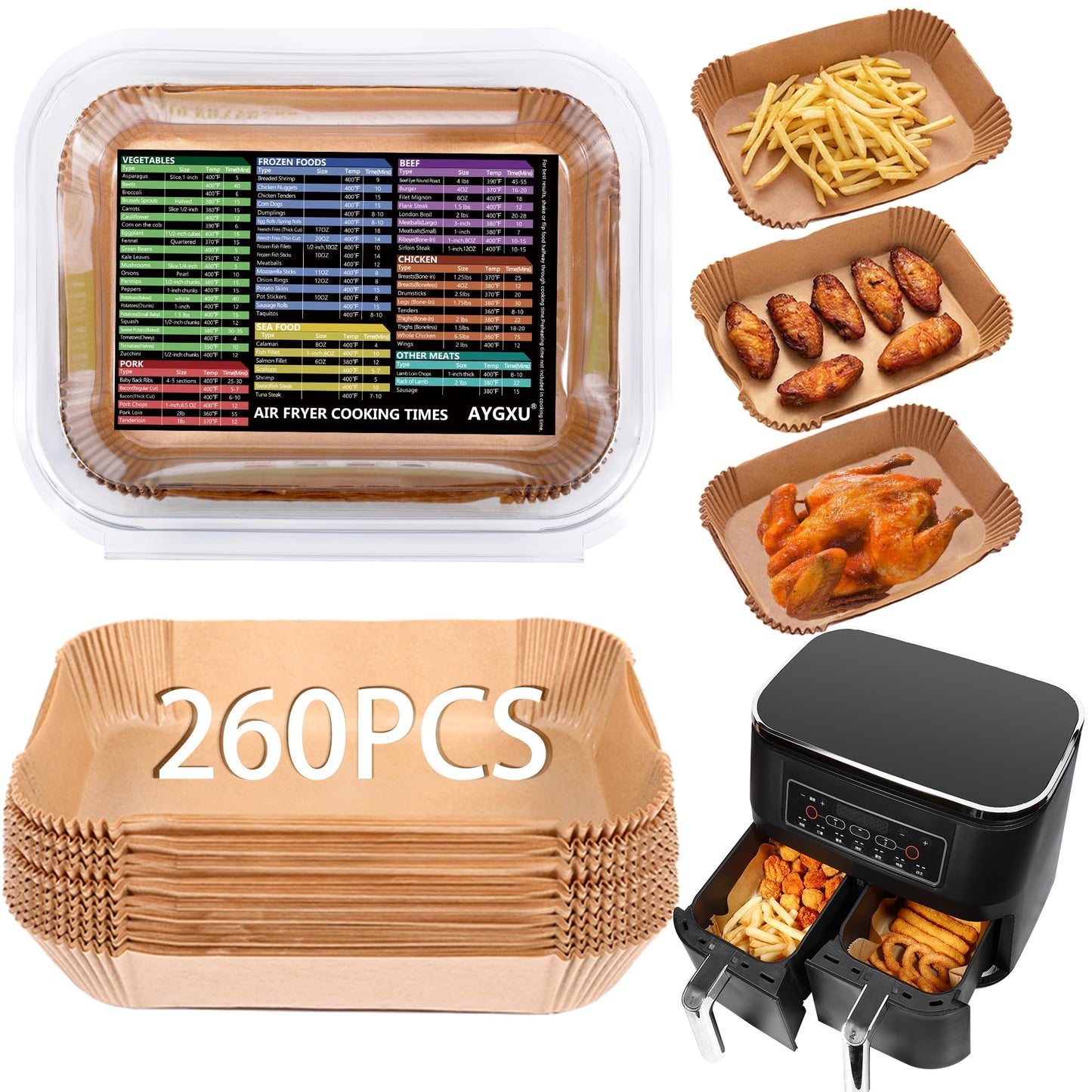 AYGXU Air Fryer Paper Liners, 260 Disposable Parchment Paper Liners, 8.6''*5.5'', Rectangle,Food Grade and Baking Waterproof Oil Proof, Roasting